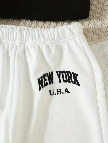 Girls' 3pcs Fashion Outfit, Short Hoodie and Tank Top with Athletic Pants Set, New York Print Casual Long Sleeve Top, Kids Spring/Summer/Autumn/Winter Clothing, Knitted Fabric, Stretchy, Letter Pattern, Regular Fit, Polyester
