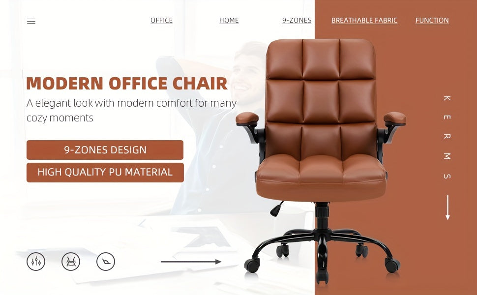 Ergonomic Executive Office Chair with Armrests - PU Synthetic Leather Swivel Desk Chair with Adjustable Height, Head Support, 9-Zone Comfort Design, Wood Frame, and Sponge Cushioning - Home and Office Task Chair with Casters