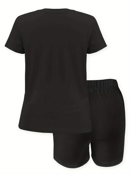 2pcs Women'S Plus Size Casual Outfit - Heart Print Short Sleeve T-Shirt & Pocketed Shorts, Stretchy Waistband, Crew Neck, Soft Fabric, Perfect for Spring/Summer