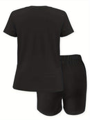 2pcs Women'S Plus Size Casual Outfit - Heart Print Short Sleeve T-Shirt & Pocketed Shorts, Stretchy Waistband, Crew Neck, Soft Fabric, Perfect for Spring/Summer