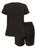 2pcs Women's Plus Size Casual Outfit - Heart Print Short Sleeve T-Shirt & Pocketed Shorts, Stretchy Waistband, Crew Neck, Soft Fabric, Perfect for Spring/Summer