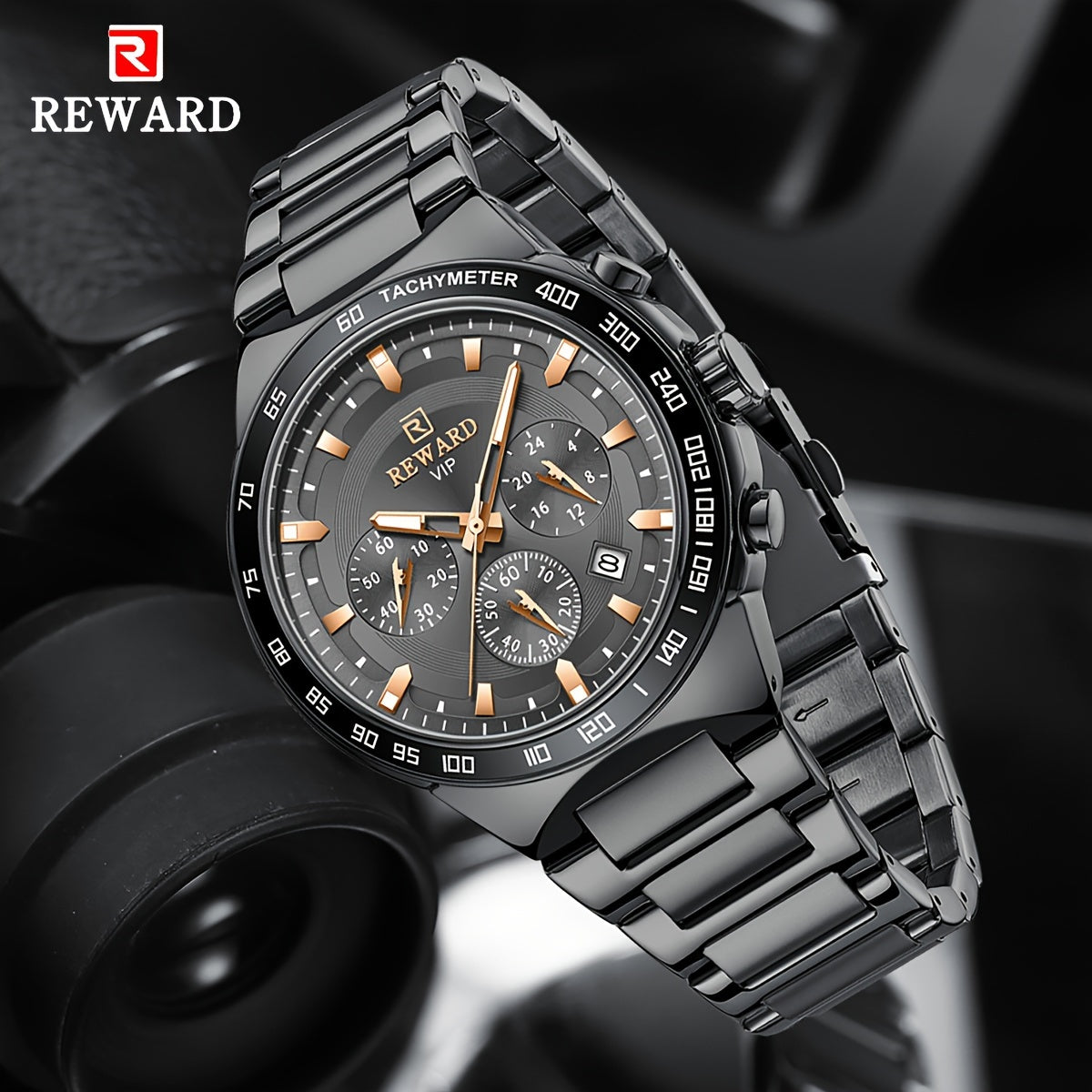 REWARD Black Quartz Watches For Men, Sport Chronograph Luminous Waterproof Wrist Watches