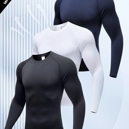 3pcs Men's Athletic Compression Long Sleeve Tops - Quick Dry, Moisture-Wicking & Breathable, High Stretch for Running, Yoga & Outdoor Activities, Casual, Sweat-wicking, Movement Style, Going Out Occasion, Leisure Outing Occas