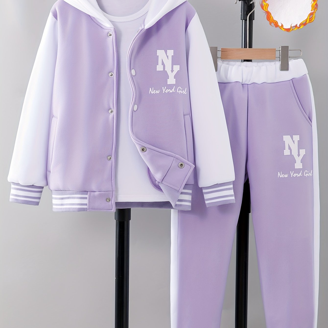 'NY' Letter Print Girl's Preppy Outfit, Color Block Hooded Varsity Jacket + Sweatpants Set Comfy Stylish 2-piece Girls Winter/ Fall Outdoor Clothes