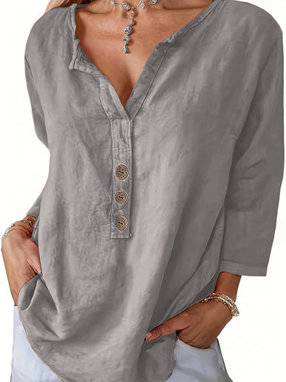 V-Neck Button-Up Top - Loose Fit Solid Color Pullover, Fashionable Casual V-Neck Shirt for Women, Relaxed Fit, Non-Stretch Cotton Linen Blouse
