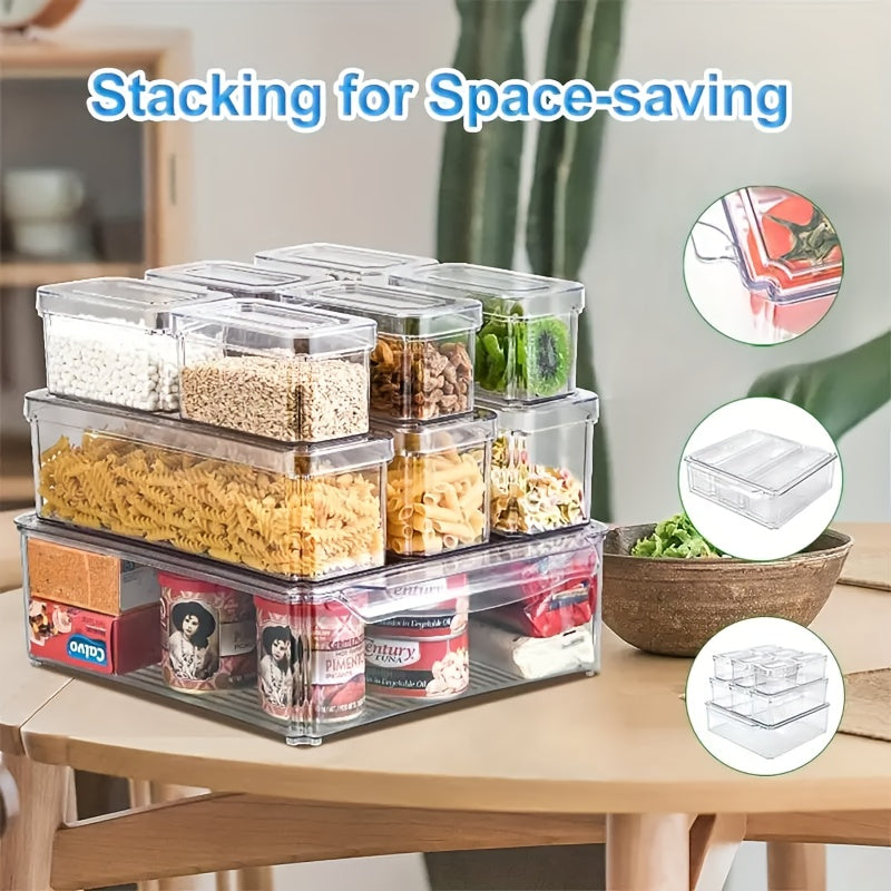 Stackable Refrigerator Organizer Bins with Lids - BPA-Free Leakproof Clear PP Storage Containers - Airtight Meal Prep System - Reusable, Stackable Kitchen Organizing Boxes for Fruits, Vegetables, Meats, Grains - Essential for