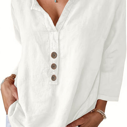 V-Neck Button-Up Top - Loose Fit Solid Color Pullover, Fashionable Casual V-Neck Shirt for Women, Relaxed Fit, Non-Stretch Cotton Linen Blouse