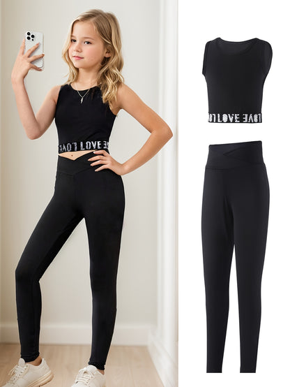 Girls' 2pcs Activewear Set: Stretchy Knit Crop Tank & Leggings - Machine Washable, Sleeveless, Solid Color - Perfect for Spring/Summer/Fall, Perfect for Outdoor
