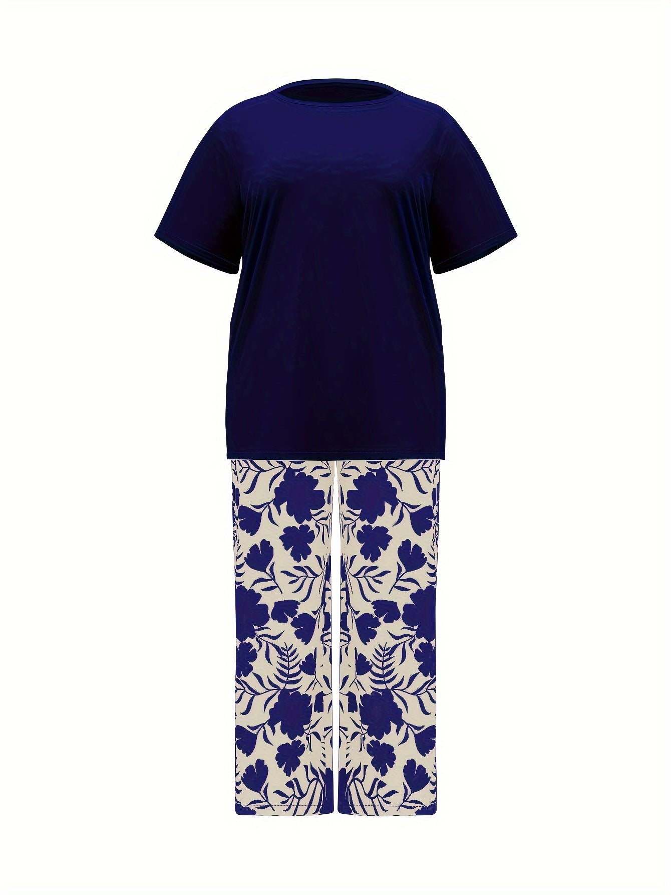 Plus Size Elegant Two-piece Set, Solid Crew Neck Short Sleeve Top & Floral Print Pants Outfits, Women's Plus Size Clothing