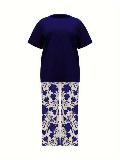 Plus Size Elegant Two-piece Set, Solid Crew Neck Short Sleeve Top & Floral Print Pants Outfits, Women's Plus Size Clothing