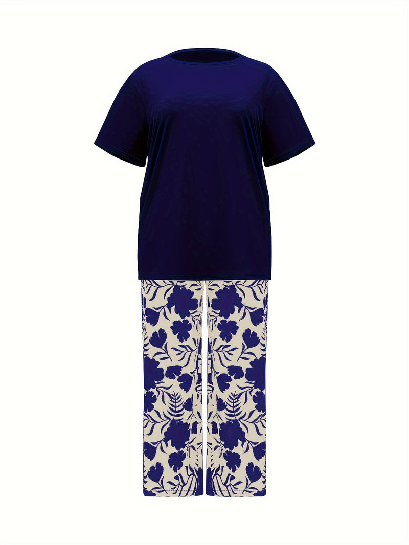 Plus Size Elegant Two-piece Set, Solid Crew Neck Short Sleeve Top & Floral Print Pants Outfits, Women's Plus Size Clothing