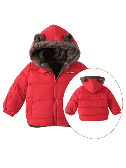 Baby's Warm Fuzzy Lining Quilted Jacket, Zip Up Cute Ears Decor Hooded Coat, Baby Boy's Clothing For Fall Winter Outdoor