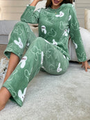 [Home Relaxation] Cozy & Warm Women's Fleece Pajama Set in Green with White Cartoon Rabbit Pattern - Soft Polyester, Anti-Static, Machine Washable - Elegant Home Loungewear with Round Neck Top & Pants for Fall/Winter, Plus Si