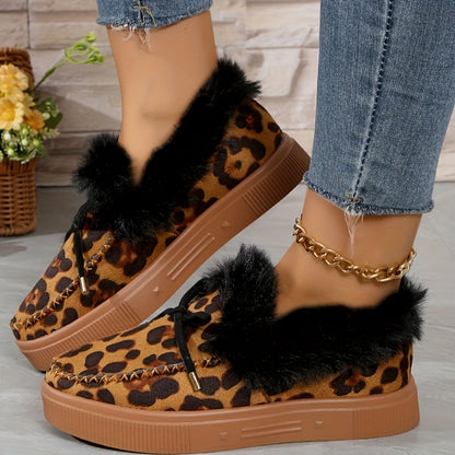 Women's Leopard Print Short Boots, Fashion Plush Lined Winter Shoes, Comfortable Ankle Boots
