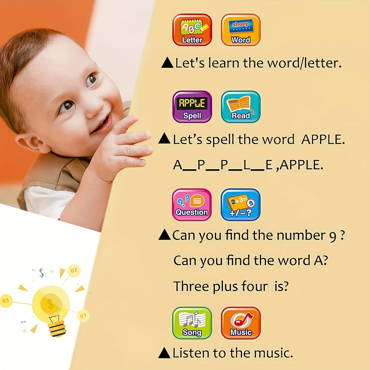 Kids Tablet Toddler Learning Pad With LED Screen Teach Alphabet Numbers Word Music Math Early Development Interactive Electronic Toy For Boys &amp; Girls (Battery Not Included) Halloween Christmas Gift