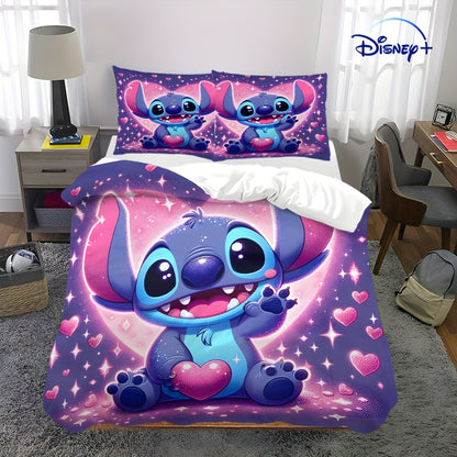 Valentine'S Day Disney 3pcs Bedding Set Featuring Stitch And Angel Cartoons, Which Includes 1 Duvet Cover And 2 Pillowcases. This Super Soft Bedding Is Perfect for Bedrooms And Guest Rooms, Making It an Ideal Gift for Family.