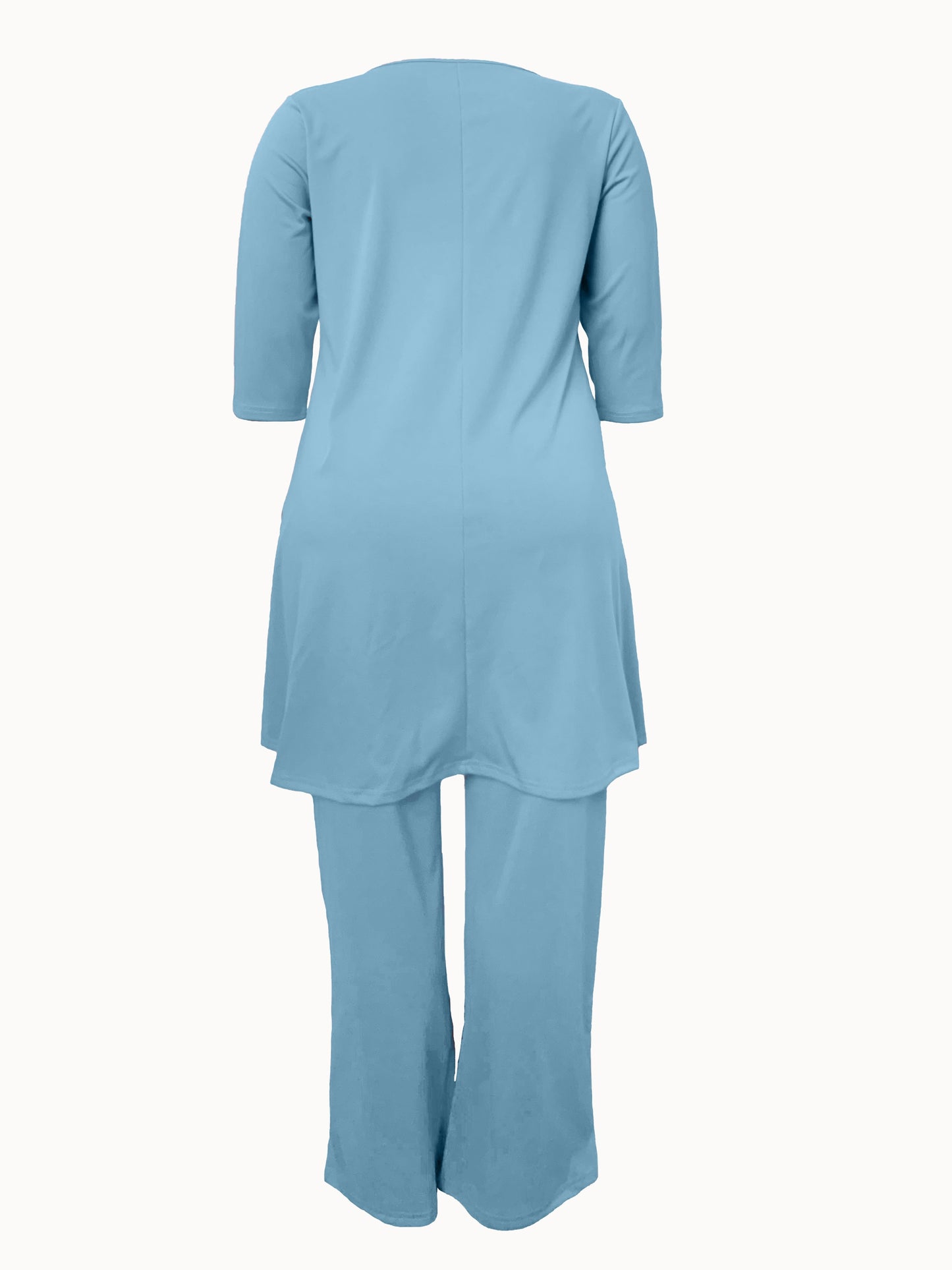 Conjunto de dos piezas de túnica y pantalón de cuello redondo de manga larga lisa para mujer de talla grande.