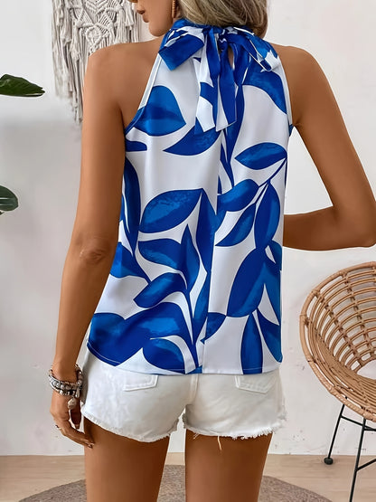 Youduomi Women's Sleeveless Round Neck Shirt - Blue Floral Print on White, H-Silhouette Regular Fit, Machine Washable All-Season Top for Casual & Formal Outings, Elegant Shirts for New Years