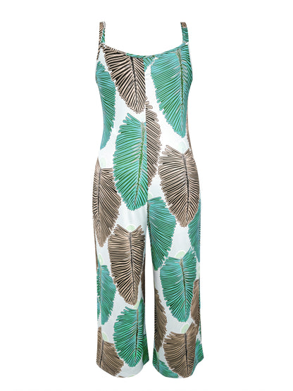 Plus Size, Plus Size Women's Sleeveless V-Neck Geometric Striped Jumpsuit - Wide-Leg Beach Vacation Outfit, Green Yellow White Purple Casual Elegance, Machine Washable All-Season Wear, Beach Clothes, Summer Wardrobe, Elegant