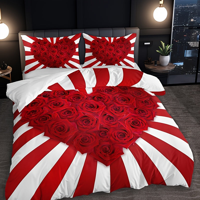 3pcs Romantic Red & White Rose Floral Print Bedding Set - Includes 1 Duvet Cover & 2 Pillowcases, Breathable Polyester, All-Season Comfort, HD Print for Home & Dorm Decor, Bed Accessories