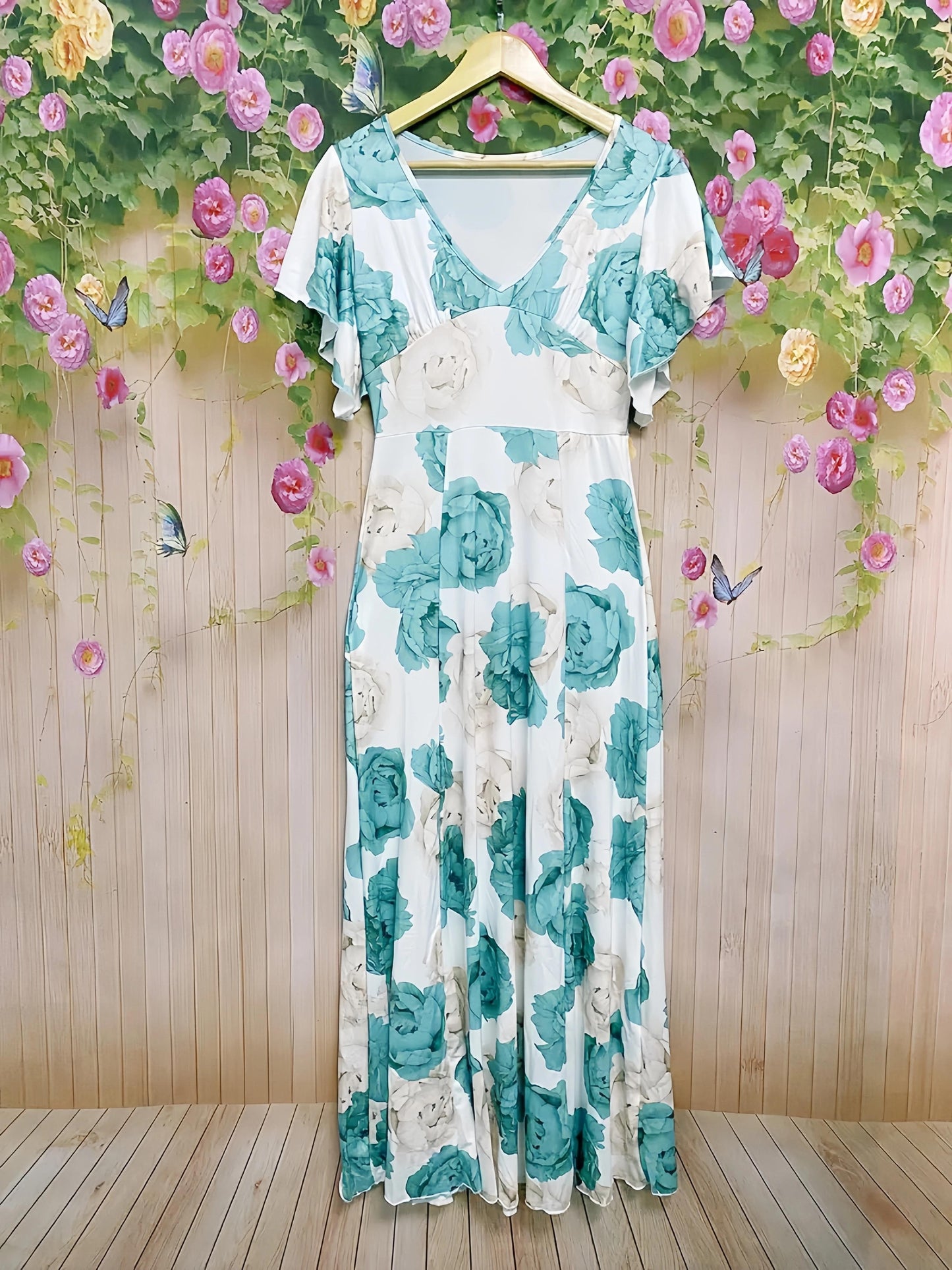 Floral Print Plunge Neck A-line Dress, Elegant Vacation Flutter Sleeve Maxi Length Dress For Spring & Summer, Women's Clothing