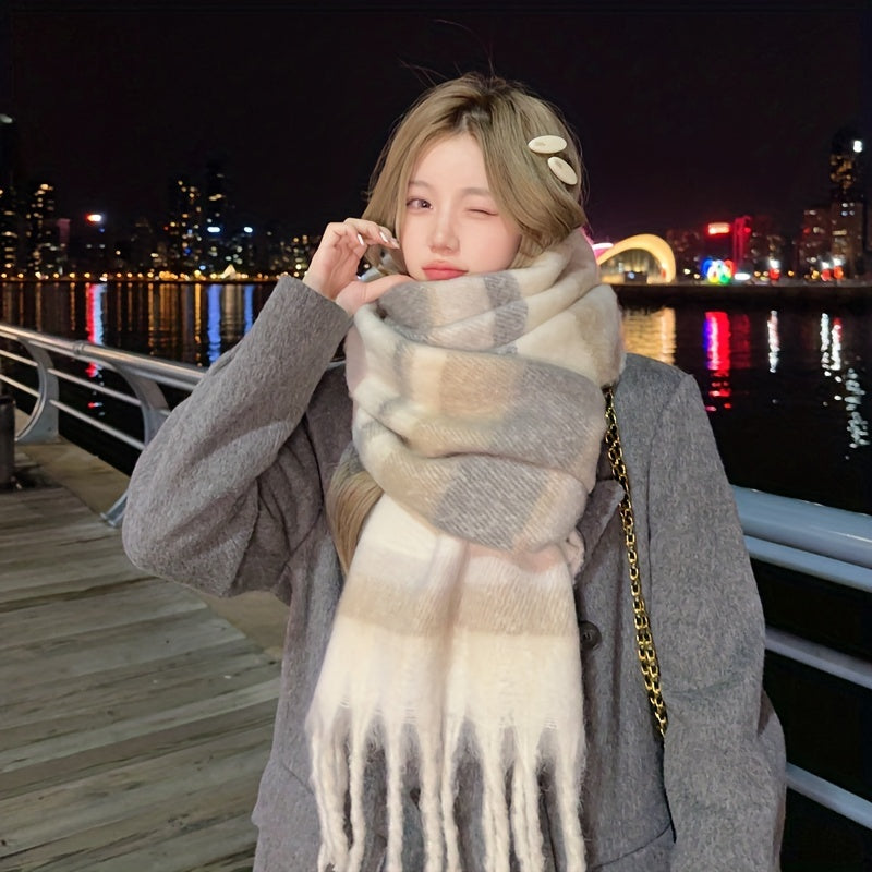 1 Elegant Maillard-Inspired Striped Chunky Knit Scarf for Women - Cozy Thickened Fleece Blend, Versatile Shawl with Tassels - Warm, Windproof & Decorative for Winter Outings - Cream and Gray