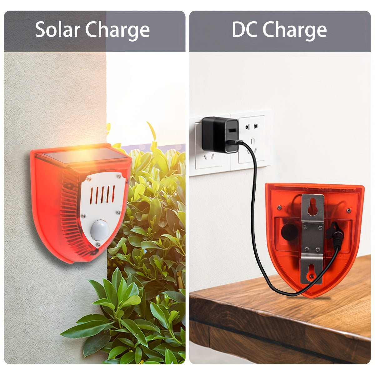 Alarma de seguridad solar para exteriores de 129 dB con sonido de perro ladrando y disparos, luz estroboscópica de advertencia para casa y jardín.