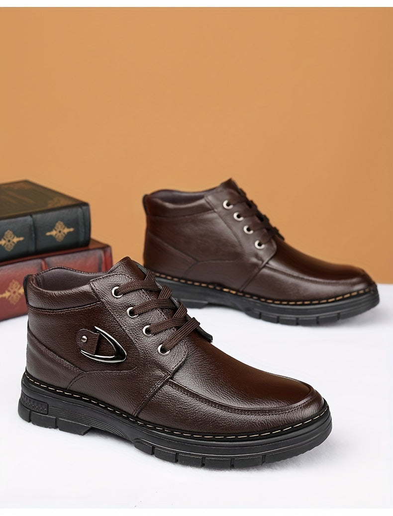 Men's Leather Boots, Winter Thermal Shoes, Windproof Hiking Boots With Fuzzy Lining