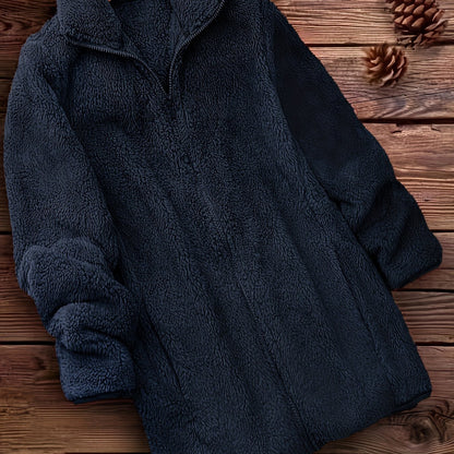 Plus Size Solid Color Fuzzy Coat, Casual Zipper Front Long Sleeve Warm Outerwear For Fall & Winter, Women's Plus Size Clothing