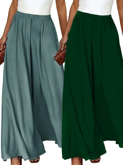 Plus Size - 2pcs Plus Size Wide-Leg Culottes - Casual High-Waist Pants with Elastic Waistband, Non-Stretch Fabric, Solid Color, Relaxed Fit for Spring/Summer/Fall, Casual Attire|Elastic Waistband Pants|Nonstretch Fabric