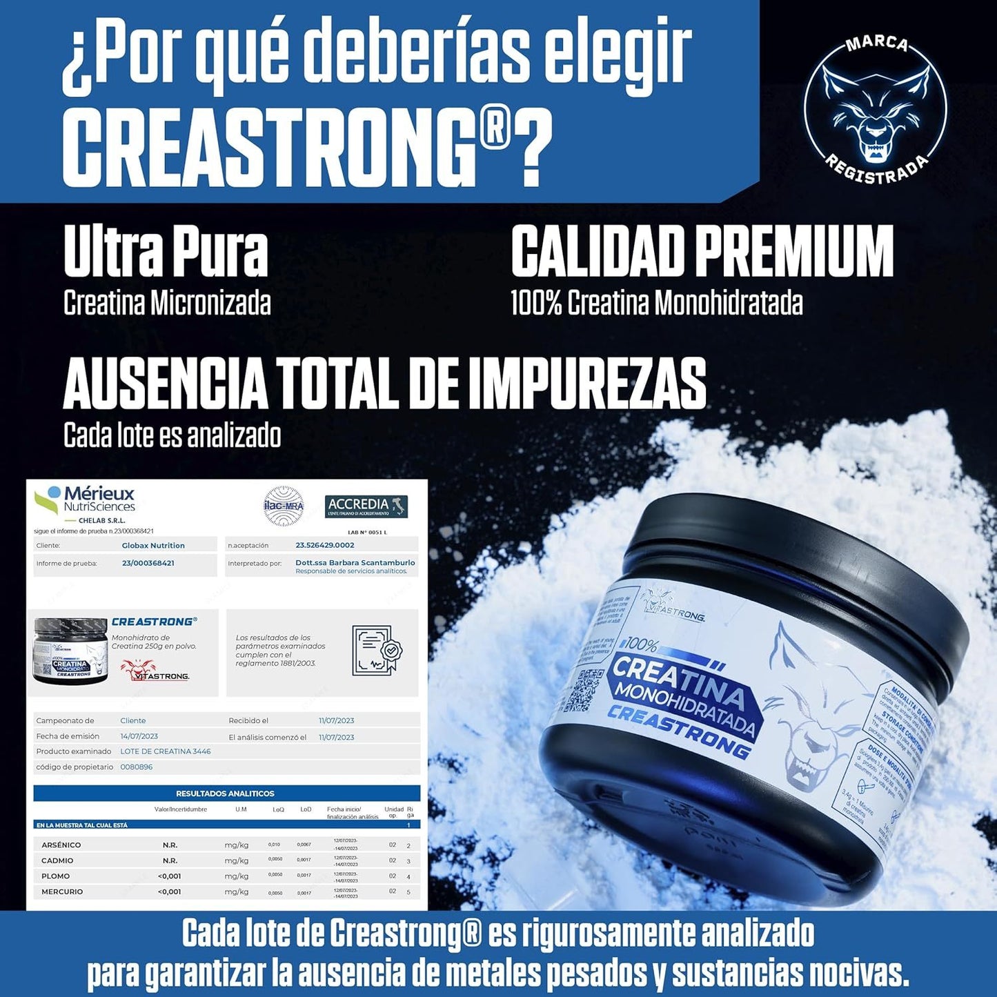 Creatine Monohydrate 3000Mg Creastrong Pure, Creatine Powder Without Additives for Pre, Intra And Post Workout, Alternative to Creatine Capsules And Tablets, Creatine Vitastrong 250G Soluble And Certified