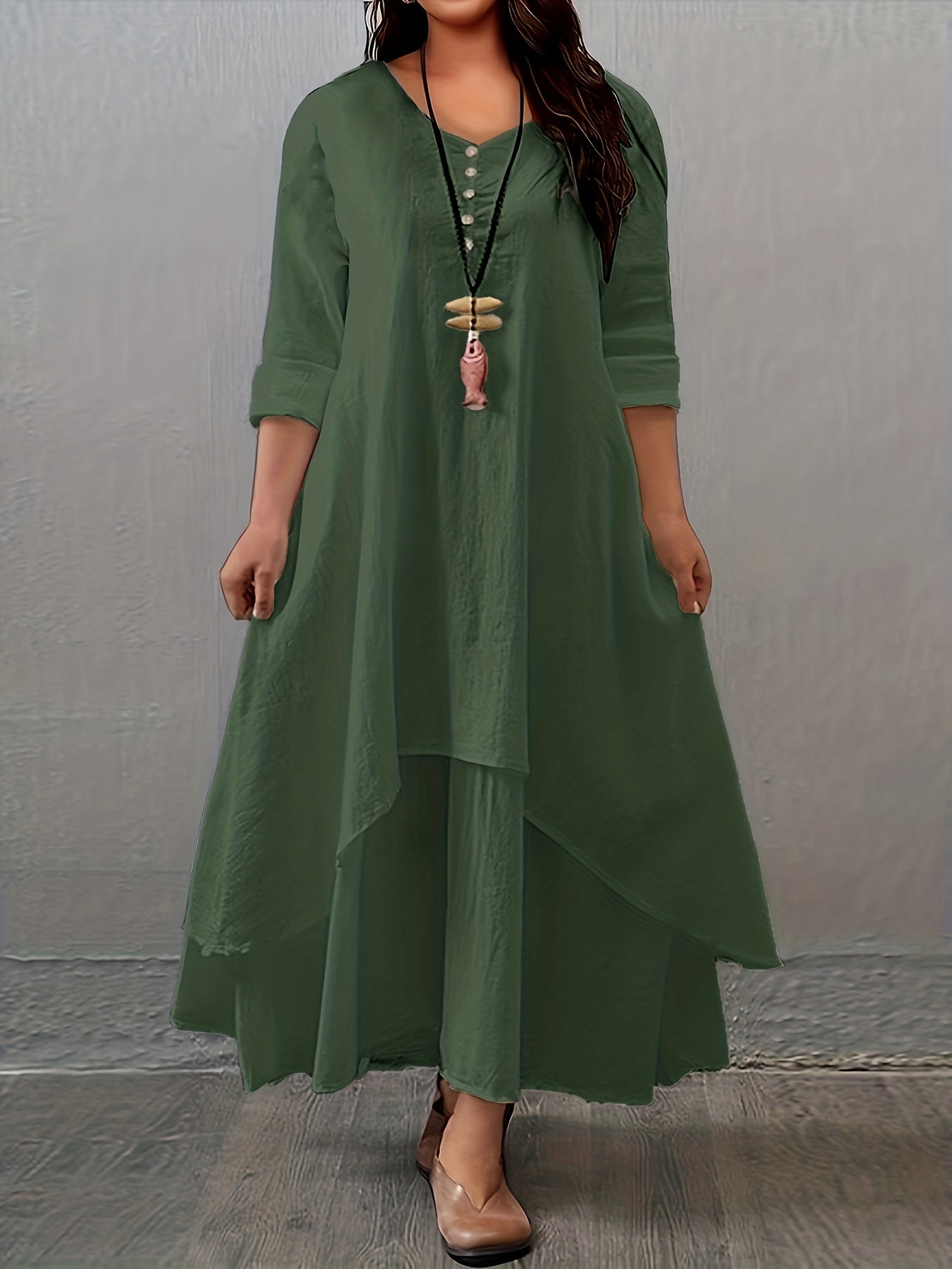 Plus Size Solid Layered Hem Dress, Casual Long Sleeve Dress For Spring &amp; Fall, Women's Plus Size Clothing