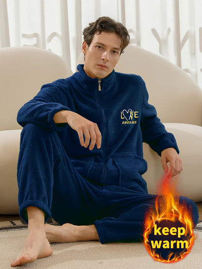 Conjunto de pijama de hombre con camiseta y pantalón de franela con bordado de letras, cuello alto, cremallera y manga larga para otoño e invierno.