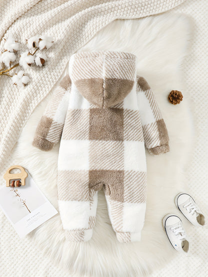 Baby Boy Autumn And Winter Style Fluffy Plaid Pocket Cute Long Sleeve Jumpsuit