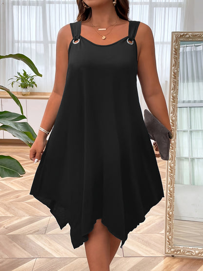 Plus Size Solid Irregular Hem Print Tank Dress, Casual Sleeveless Dress For Spring & Summer, Women's Plus Size Clothing