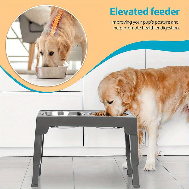 Comederos elevados ajustables para perros pequeños, medianos y grandes. Incluye dos comederos de acero inoxidable para comida y agua. Favorecen una mejor digestión y una mejor postura.
