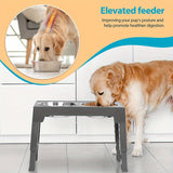 Comederos elevados ajustables para perros pequeños, medianos y grandes. Incluye dos comederos de acero inoxidable para comida y agua. Favorecen una mejor digestión y una mejor postura.