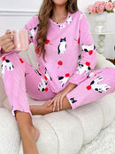 [Home Relaxation] Cozy & Warm Women's Fleece Pajama Set in Green with White Cartoon Rabbit Pattern - Soft Polyester, Anti-Static, Machine Washable - Elegant Home Loungewear with Round Neck Top & Pants for Fall/Winter, Plus Si
