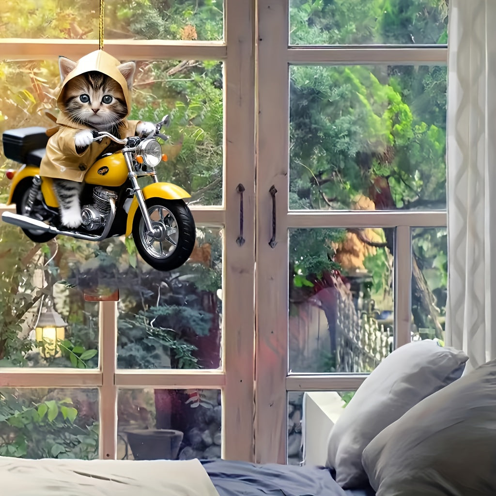 Adorno colgante de acrílico 2D con forma de motocicleta y gatito, estilo moderno, ideal para cumpleaños, hecho de acrílico, sin plumas, no requiere electricidad.