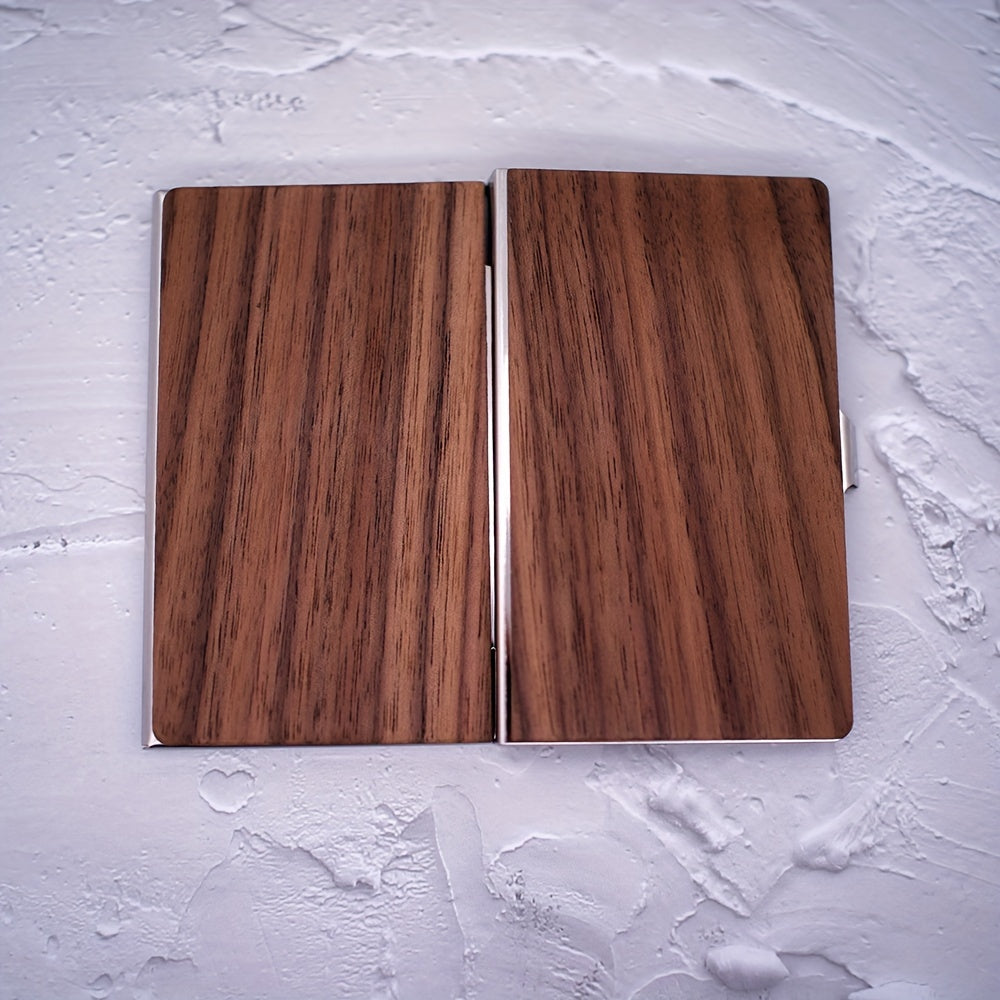 Custom Engraved Men's Business Card Holder - Vintage Style, Large Capacity, Solid Wood Grain Design in Deep Brown