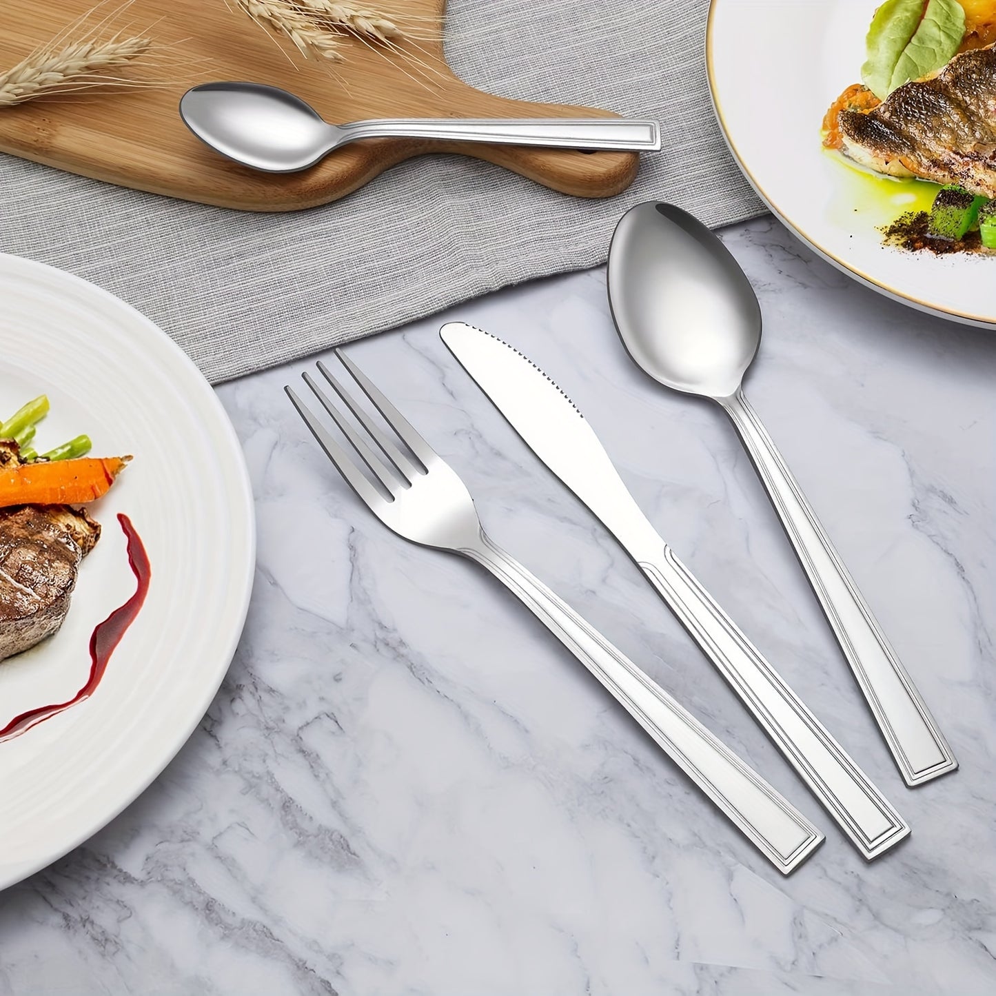 60pcs/set Stainless Steel Tableware Set For 12 People With Knives, Forks, And Spoons. Ideal For Restaurants, Parties, Weddings, Classic Strip Craftsmanship. Ergonomic Handles And High Quality Design. Comfortable Grip. Washabl