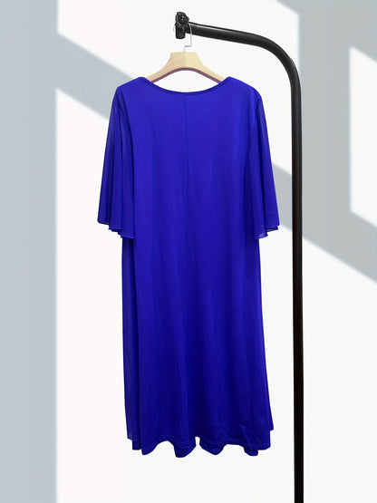 Elegant Plus Size Chiffon-Look Dress for Women - Crew Neck, Short Sleeve with Metallic Detail, Perfect for Spring/Summer/Fall