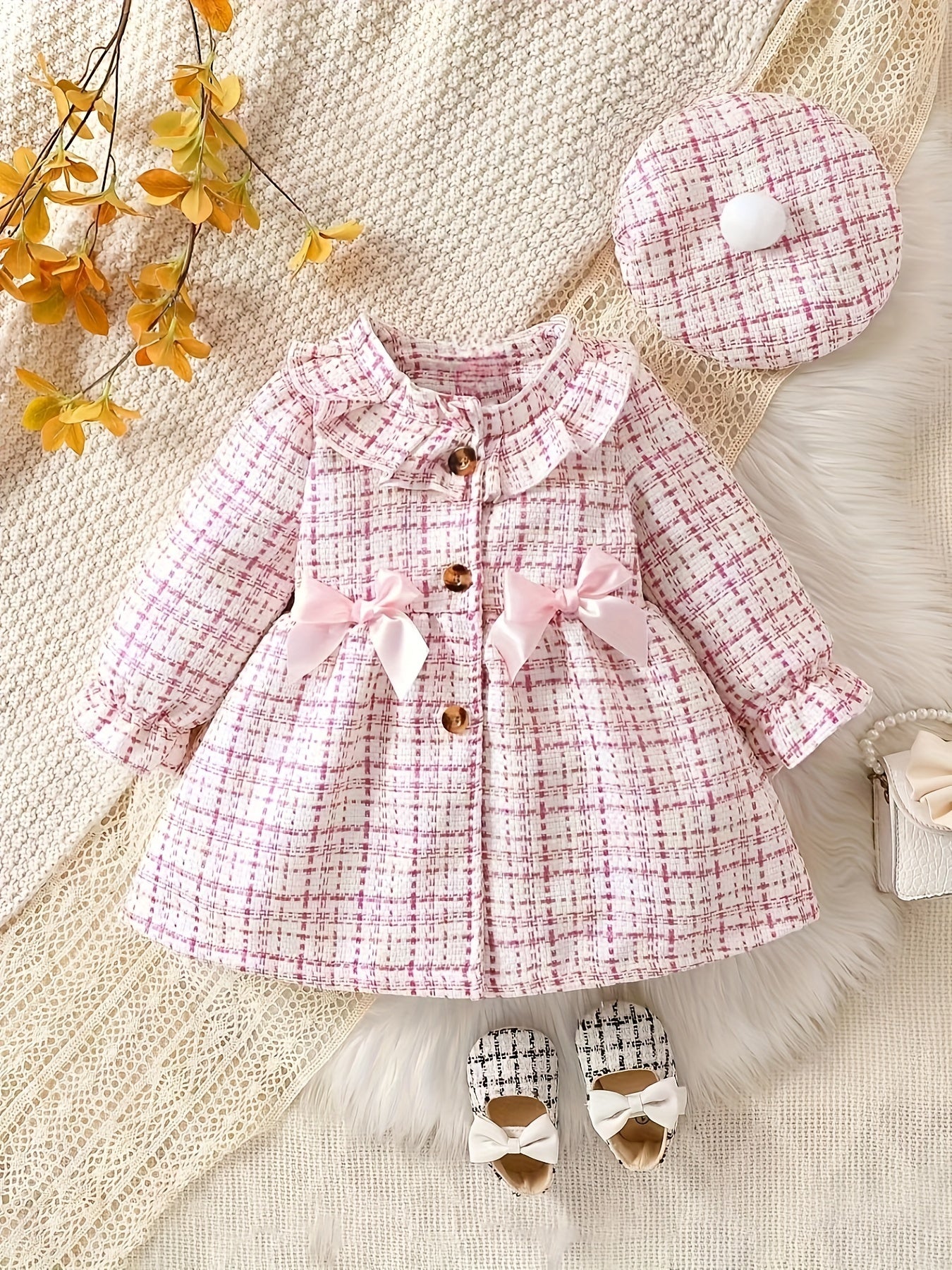 Baby's Elegant Bowknot Decor Ruffled Tweed Long Sleeve Dress, Infant & Toddler Girl's Dress For Daily Wear/Holiday/Party, As Gift