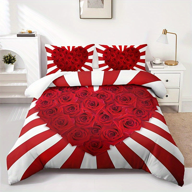 3pcs Romantic Red & White Rose Floral Print Bedding Set - Includes 1 Duvet Cover & 2 Pillowcases, Breathable Polyester, All-Season Comfort, HD Print for Home & Dorm Decor, Bed Accessories