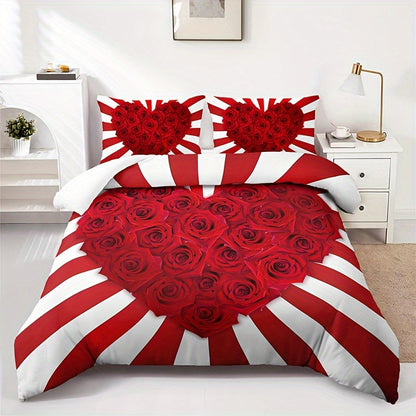 3pcs Romantic Red & White Rose Floral Print Bedding Set - Includes 1 Duvet Cover & 2 Pillowcases, Breathable Polyester, All-Season Comfort, HD Print for Home & Dorm Decor, Bed Accessories