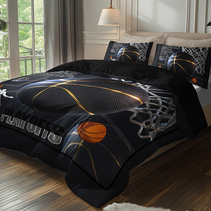3pcs -Themed Bedding Set - 1 Duvet Cover + 2 Pillowcases, Black with & Print, Breathable Polyester, All-Season Comfort for Home & Dorm Decor