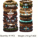 41pcs Fashion Bracelet Set - Elegant Wooden Beads with Butterfly, Heart & Evil Eye Charms for Casual Attire