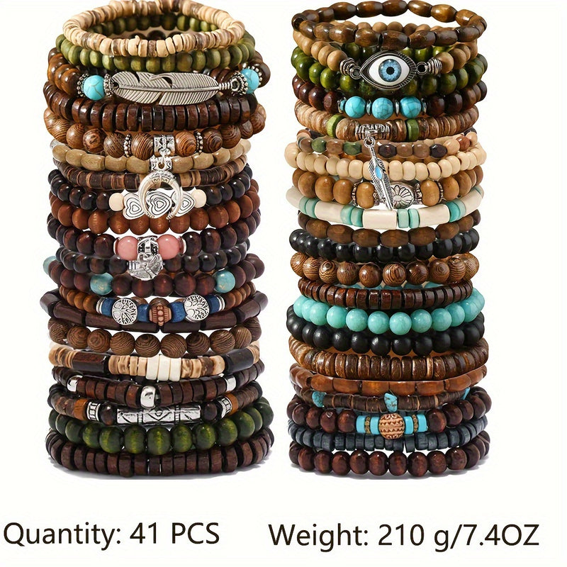 41pcs Fashion Bracelet Set - Elegant Wooden Beads with Butterfly, Heart & Evil Eye Charms for Casual Attire