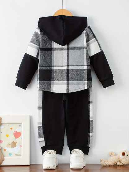 Toddler Baby Boys Stylish Hooded Plaid Long Sleeve Top & Pants Casual Outdoor Set, Winter/fall