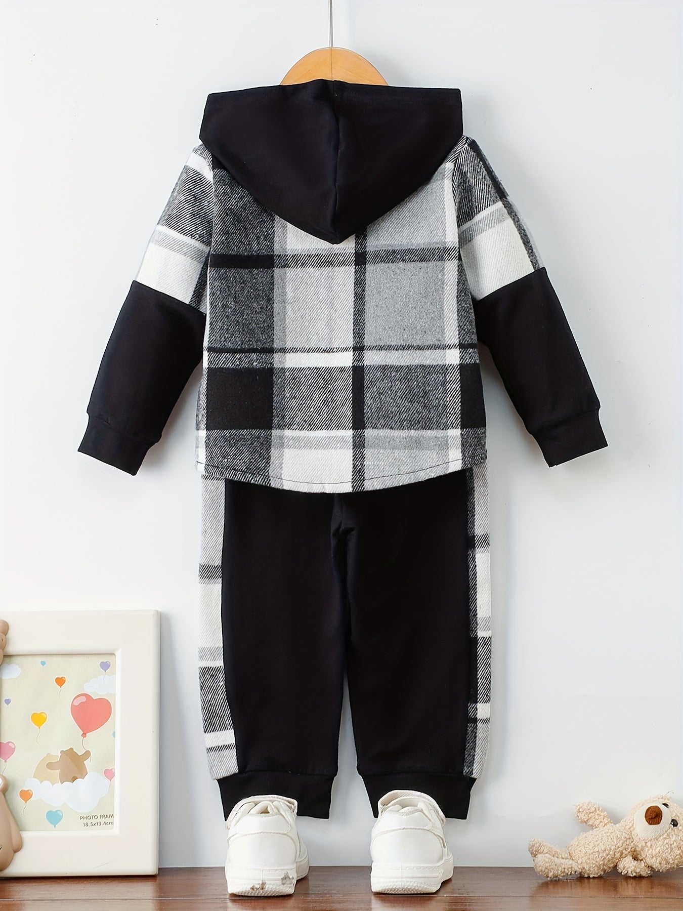 Conjunto informal de sudadera y pantalones de manga larga con capucha a cuadros para bebés y niños pequeños, para exteriores, invierno/otoño